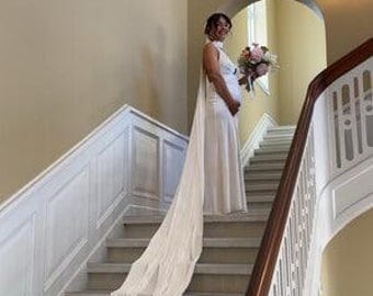 Halter Top Wedding Gown with Flowing Cape/V Backless  wedding dress/Hollywood style  bridal dress /Reception backless ivory dress/