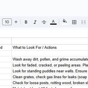May include: A screenshot of a digital document titled "Summer Home Maintenance Checklist." The document is a spreadsheet with columns for tasks, assignments, and notes. The checklist includes tasks like cleaning windows, inspecting paint, and checking for water pooling.