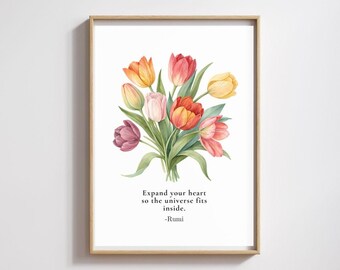 Watercolor Tulip Print, Rumi Quote, Boho Botanical Art (Digital Download)