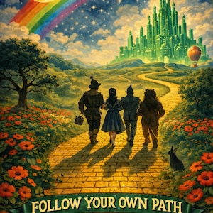 Pode incluir: Uma ilustração vibrante de O Mágico de Oz. A imagem apresenta o caminho de tijolos amarelos, a Cidade Esmeralda, um arco-íris e os personagens da história. O texto em uma faixa diz "FOLLOW YOUR OWN PATH."