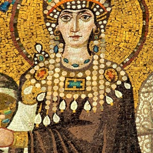 May include: A mosaic portrait of a woman wearing a jeweled crown and elaborate necklace. The artwork features a gold background and is composed of small, colorful tiles. The woman's attire is a dark brown color.