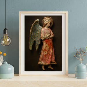 Distressed Byzantine Angel Wall Icon: Vintage Religious Art Decor