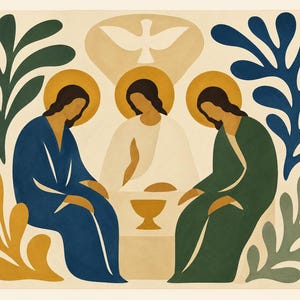 Puede incluir: Ilustración estilizada con tres figuras con halos, sentadas alrededor de una mesa con un cáliz. Las figuras visten túnicas azules, blancas y verdes. También hay una paloma y follaje abstracto en tonos azules, amarillos y verdes.