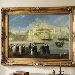 Lámina artística vintage del Bósforo de Estambul - Pintura al óleo antigua del Imperio Otomano - Decoración de pared histórica de Constantinopla - Descarga digital