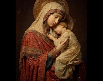 Ícone bizantino da Madona com o Menino: Arte religiosa cristã (Obra de arte digital 2048x2048 px)