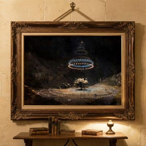 May include: A framed painting depicting a surreal landscape with a glowing, circular structure in the night sky. The artwork is in a detailed, ornate, brown wooden frame, hanging on a beige stone wall. A wooden table with books and a lamp sits below the painting.