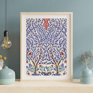 Islamic Wall Art, Ottoman Iznik Tile Pattern, Tree of Life Print, Blue Floral Turkish Art, Printable Wall Decor