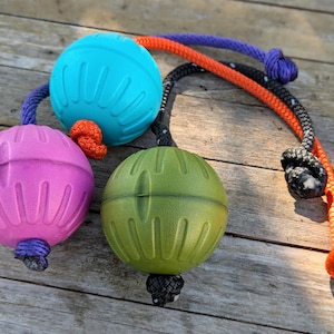 May include: Three colorful dog toys with textured ball shapes and attached ropes. The balls are blue, pink, and green, with orange, purple, and black ropes. The toys are designed for interactive play and are suitable for dogs.