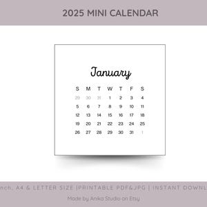 2025 Printable Mini Calendar | Monthly Calendar Cards, Instant Download 3x3 inch, Minimal Design, Month at a Glance