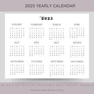 2025 Single Page Printable Calendar, One page Calendar, Minimalist Full Year Calendar, Wall Calendar, Yearly Calendar, 2025 Year At A Glance