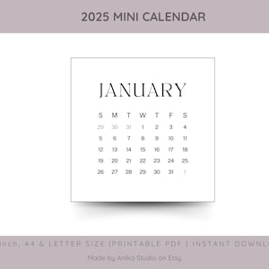 Afdrukbare minikalender 2025, minikalenderkaarten maandkalender 2025, maand in één oogopslag minimaal, instant download kaart van 3 x 3 inch