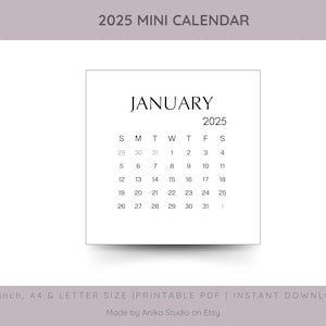 2025 Printable Mini Calendar, Mini Calendar Cards Monthly Calendar 2025, Journal Printable Small Calendar, Instant Download 3x3 inch Card