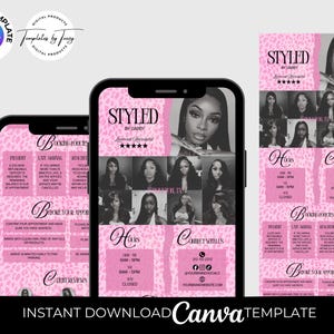 May include: A digital template for a hairstylist business featuring a pink leopard print background. The design includes sections for booking policies, hours, and contact information, alongside a collage of black and white portraits.