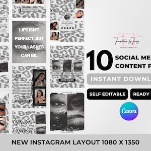 May include: A set of 10 digital social media content flyers featuring a gray leopard print background. The templates include text such as Client Reviews, Lash Specials, and Life Isn't Perfect, But Your Lashes Can Be, with a Canva logo and 1080 x 1350 layout.