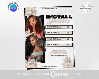 Folleto especial para instalar, folleto para reservar cita con estilista, plantilla editable de Canva, descarga digital