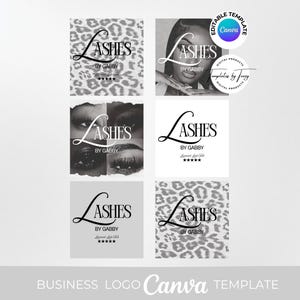 Op de afbeelding: Een verzameling van zes vierkante bedrijfslogo-sjablonen voor Lashes by Gabby, met zwarte tekst, luipaardprint achtergronden en grijstinten fotografie van ogen. De ontwerpen bevatten vijfsterrenbeoordelingen en Canva-badges.