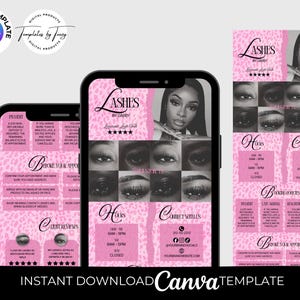 Könnte beinhalten: Eine digitale Canva-Vorlage für ein Wimperngeschäft, dargestellt auf drei Smartphones. Das Design zeigt einen rosa Leopardenmuster-Hintergrund mit dem Text "Lashes by Gabby" und ein Foto einer Frau. Informationen umfassen Öffnungszeiten, Buchungsrichtlinien und Kontaktdaten.