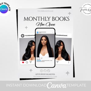 Puede incluir: Una plantilla digital con el texto "MONTHLY BOOKS Now Open" y maquetas de redes sociales con una mujer con cabello largo y negro. La plantilla incluye el texto "INSTANT DOWNLOAD Canva TEMPLATE".