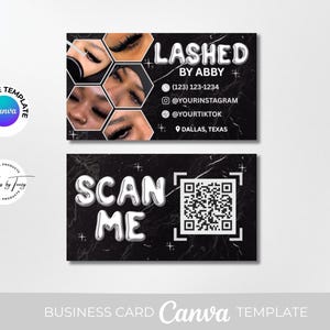 May include: Business card template with a black marble design. The top card reads "LASHED BY ABBY" with contact information and social media handles. The bottom card says "SCAN ME" with a QR code. The Canva template is for digital products.