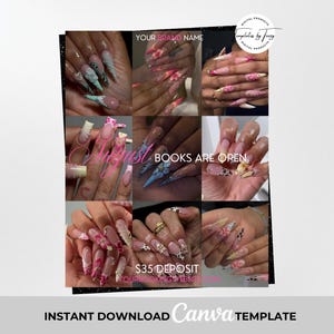 Pode incluir: Um modelo de marketing digital apresentando uma colagem de nove designs de unhas diferentes com formatos longos e esculpidos. O texto diz YOUR BRAND NAME, August BOOKS ARE OPEN e $35 DEPOSIT YOURBOOKINGWEBSITE.COM, com um logotipo circular.