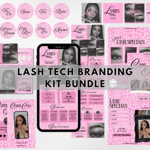 May include: A lash tech branding kit bundle featuring a pink leopard print theme with black text. The set includes circular icons, loyalty cards, client appreciation forms, and price lists, all displayed on a smartphone screen and flat layouts.