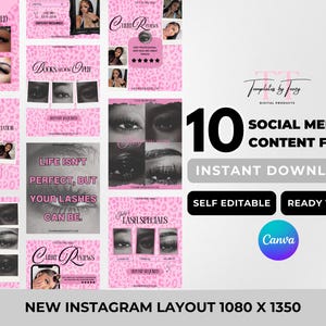 May include: A set of 10 pink leopard print social media content flyers for lash services. The templates feature text like 'Lash Services Offered', 'Client Appreciation', 'Models Needed', and 'Life isn't perfect, but your lashes can be'. Includes Canva logo.