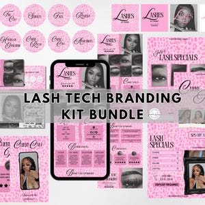 May include: A digital branding kit bundle for lash technicians featuring a pink leopard print background. The set includes circular icons, loyalty cards, price lists, and social media templates, all displaying the text Lashes by Gabby.
