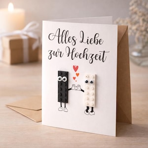 Hochzeitskarte mit Baustein-Figuren | Handgemachte 3D-Karte zur Hochzeit | Lustige Karte für Brautpaar – Wackelaugen Design