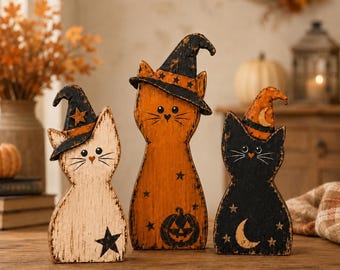 May include: Three wooden cat figurines with distressed finishes. The left cat is white with a black star and hat. The center cat is orange with a pumpkin and black hat. The right cat is black with a crescent moon and orange hat.