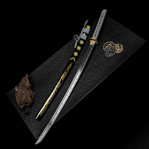 Handmade Grey & Gold Katana, Engraved Manganese Steel Samurai Sword, Cosplay Prop