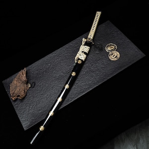 Handmade Japanese Tachi Sword | &quot;Golden Chrysanthemum&quot; Black & Gold Katana with Two-Tone Blade