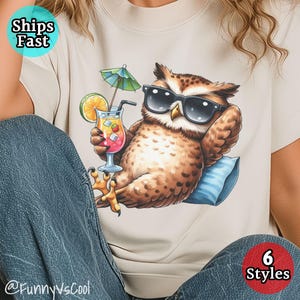 owl wearing sunglasses holding a drink - cute shirt, tee, sweatshirt, women&#39;s, toddler, youth, unisex