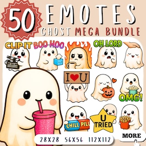 May include: A digital art bundle featuring 50 ghost emotes. The emotes include ghosts with various expressions and holding objects like a film clapper, tissues, a coffee cup, and a pumpkin. Text includes "GHOST MEGA BUNDLE", "CLIP IT", "BOO HOO", "OH LORD", "OMG!", "CHILL PILL", and "U TRIED".