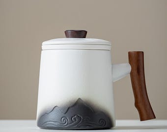 YUMUE Japanese Tea Mug | Ceramic Loose-Leaf Cup with Wooden Handle (420ml)