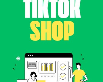 Puede incluir: Portada de libro verde con el título "How To Sell On TikTok Shop" en blanco y amarillo. La portada presenta ilustraciones de personas, un portátil y una maqueta de sitio web. El texto de abajo dice "Una guía completa para vender en TikTok Shop."