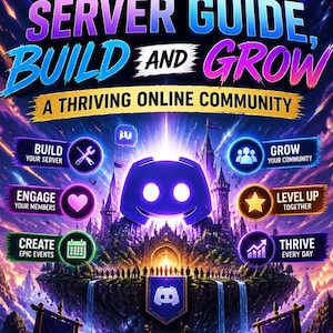 Puede incluir: Una portada de libro titulada Discord Server Guide, Build and Grow, A Thriving Online Community por Austin Erkl. El diseño presenta un logotipo de Discord púrpura brillante sobre un castillo de fantasía con seis iconos circulares.