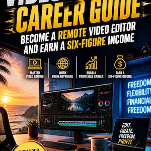 Op de afbeelding: Een boekomslag getiteld Video Editing Career Guide door Austin Erkl. De tekst luidt Become a Remote Video Editor and Earn a Six-Figure Income. Het bevat iconen voor videobewerking, werken op afstand en het opbouwen van een carrière.
