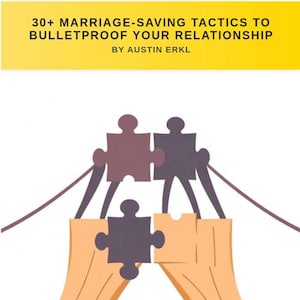 Könnte beinhalten: Buchcover mit dem Titel "30+ Marriage-Saving Tactics to Bulletproof Your Relationship" in schwarzem Text auf einem gelben Banner. Das Cover zeigt eine Illustration von Puzzleteilen und Händen.