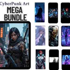 Może przedstawiać: Mega pakiet grafiki cyfrowej z ilustracjami w stylu cyberpunk. Obrazy przedstawiają futurystyczne postacie, krajobrazy miejskie i technologię. Grafika zawiera różnorodne postacie z bronią i futurystycznym strojem, wszystko w żywym, neonowym otoczeniu.