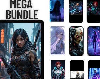 Puede incluir: Un mega paquete de arte digital con ilustraciones de temática cyberpunk. Las imágenes muestran personajes futuristas, paisajes urbanos y tecnología. La obra de arte incluye una variedad de personajes con armas y vestimenta futurista, todo en un entorno vibrante e iluminado con neón.