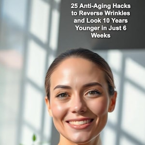Könnte beinhalten: Eine lächelnde Frau mit Hautpflegeprodukten auf einem Tablett. Das Bild zeigt ein Cremetiegel, eine kleine Flasche und eine Flasche Toner. Der Text lautet: "25 Anti-Aging-Hacks zur Reduzierung von Falten und um 10 Jahre jünger auszusehen in nur 6 Wochen."