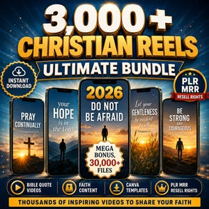 Puede incluir: Un paquete digital de más de 3.000 reels cristianos con cinco teléfonos inteligentes que muestran versículos bíblicos inspiradores y paisajes al atardecer. El texto incluye 2026, Do Not Be Afraid, Pray Continually, Your Hope Is In The Lord y Be Strong.