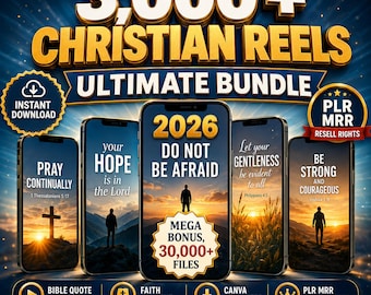 Puede incluir: Un paquete digital de más de 3.000 reels cristianos con cinco teléfonos inteligentes que muestran versículos bíblicos inspiradores y paisajes al atardecer. El texto incluye 2026, Do Not Be Afraid, Pray Continually, Your Hope Is In The Lord y Be Strong.