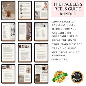 May include: A digital guide bundle titled "The Faceless Reels Guide" displayed on multiple tablets. The guide covers topics like advantages, B-roll footage, and trending audio. Includes a "Best Choice" badge and a "Huge Bundle" seal.