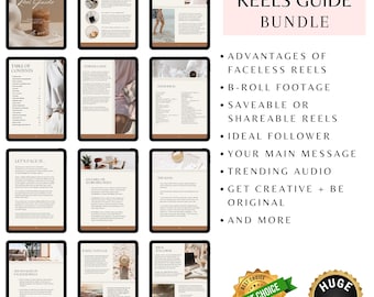 May include: A digital guide bundle titled "The Faceless Reels Guide" displayed on multiple tablets. The guide covers topics like advantages, B-roll footage, and trending audio. Includes a "Best Choice" badge and a "Huge Bundle" seal.