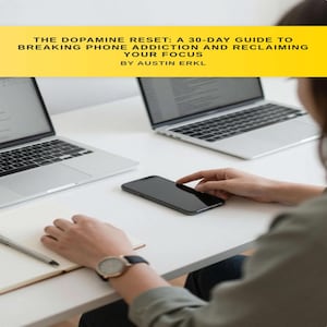 May include: A book titled The Dopamine Reset: A 30-Day Guide to Breaking Phone Addiction and Reclaiming Your Focus by Austin Erkl, displayed above two open silver laptops, a black smartphone, and a notebook with a pen on a white desk.