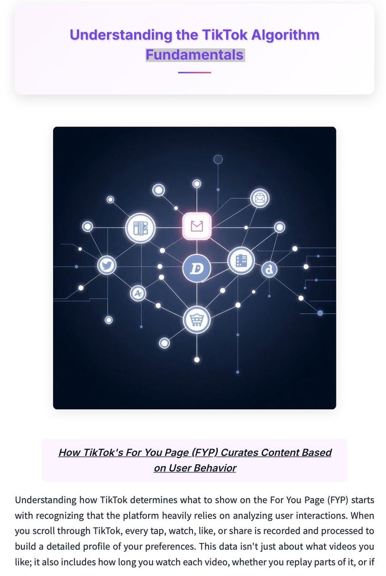 May include: A digital graphic illustrating the TikTok algorithm, with interconnected icons and the text "Understanding the TikTok Algorithm Fundamentals." Below, the text reads "How TikTok's For You Page (FYP) Curates Content Based on User Behavior."