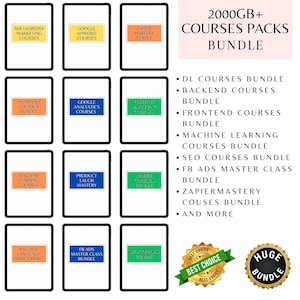 Op de afbeelding: Advertentie voor digitale marketingcursussen. De afbeelding toont tablets met cursustitels zoals "Frontend Courses Bundle" en "Product Launch Mastery". De tekst luidt "2000GB+ Courses Packs Bundle".