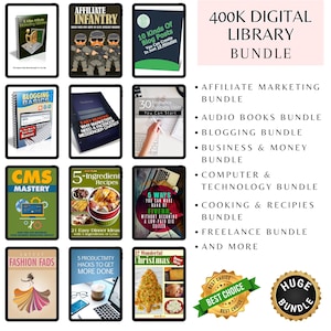 May include: A digital library bundle with various ebook covers. Titles include "Affiliate Marketing," "Blogging Basics," and "5-Ingredient Recipes." The image also lists bundle categories such as "Business & Money" and "Cooking & Recipes."