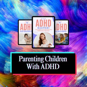 Puede incluir: Tres tabletas digitales que muestran portadas de libros con el texto "ADHD" y "Parenting Children With ADHD". La tableta central muestra a una mujer y un niño. El fondo es un remolino abstracto colorido.